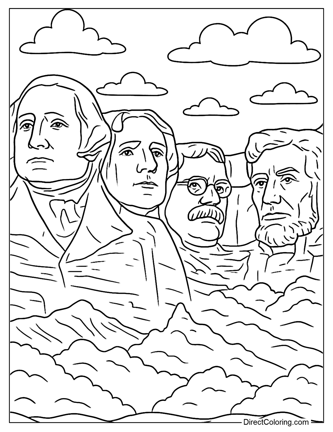 Coloring page of 4 Presidents carved into the rock: Washington, Jefferson, Roosevelt, Lincoln.